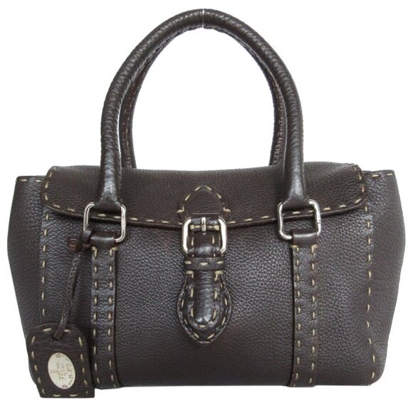 Auth FENDI Selleria Handbag Dark brown leather